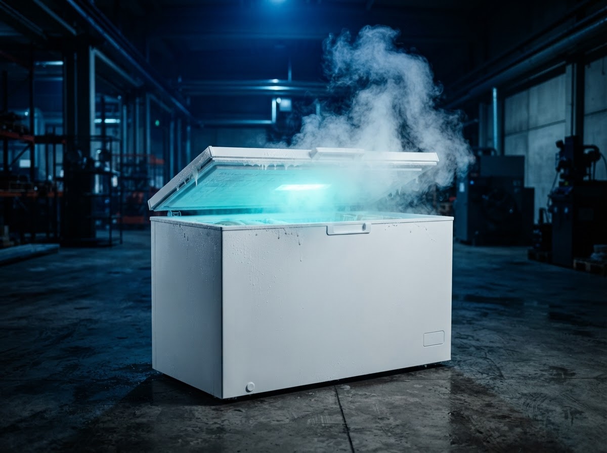Freezer horizontal branco aberto, preparado para bebidas e alimentos